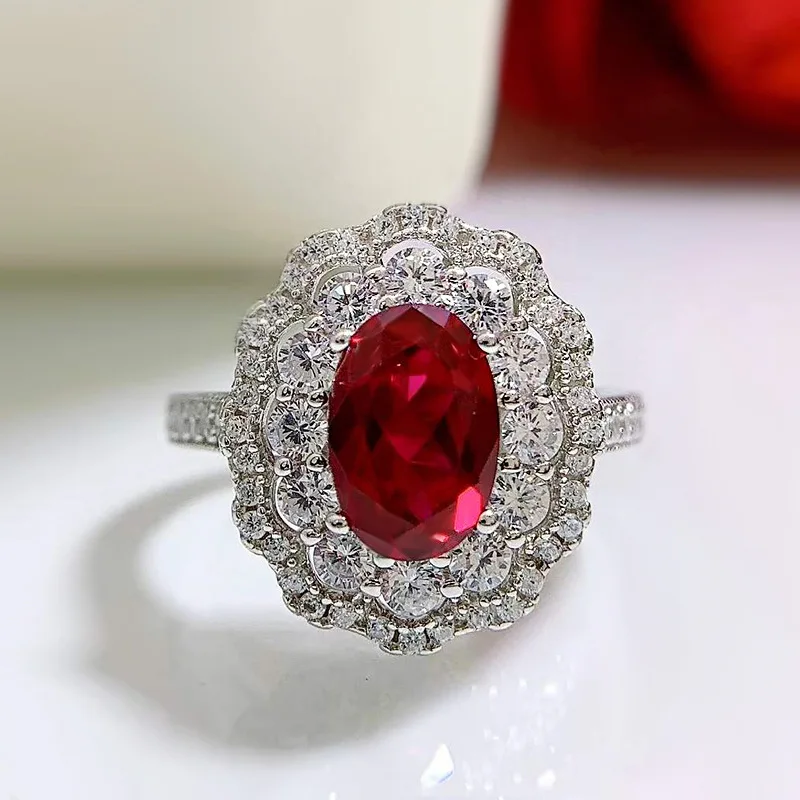The New 925 Silver Ring for Women 5A Zircon 6 * 9 Pigeon Blood Red Ruby Ring Is Sold Directly by Manufacturers