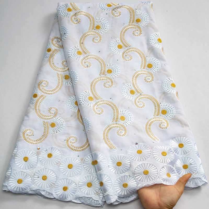 3614 Wholesale Various Designs White and Gold African Cotton Lace with Rhinestones Swiss Voile Lace Fabric For Women Dresses