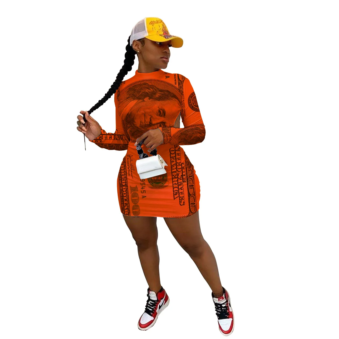 
E21318 New plus size S-2XL casual 2021 other backless banknote print fold woman dresses spring dress 