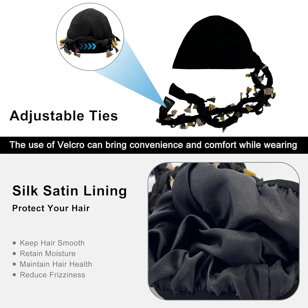 Turban for Men Women Satin Lined Durag Head Wraps Skull Cap Pre-Tied Tassels Braid Beanie Vintage Twist Bonnet