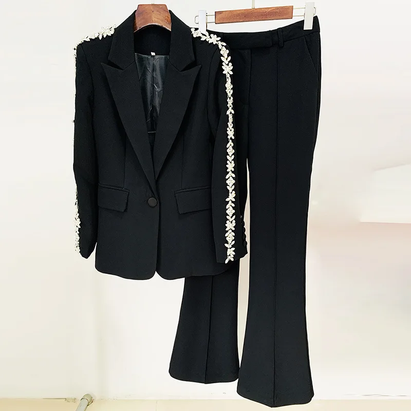 French Retro Style Women 2 Pieces Casual Rhinestone Blazer Suits White Single Button Notched Coats Straight Leg Pants Sets
