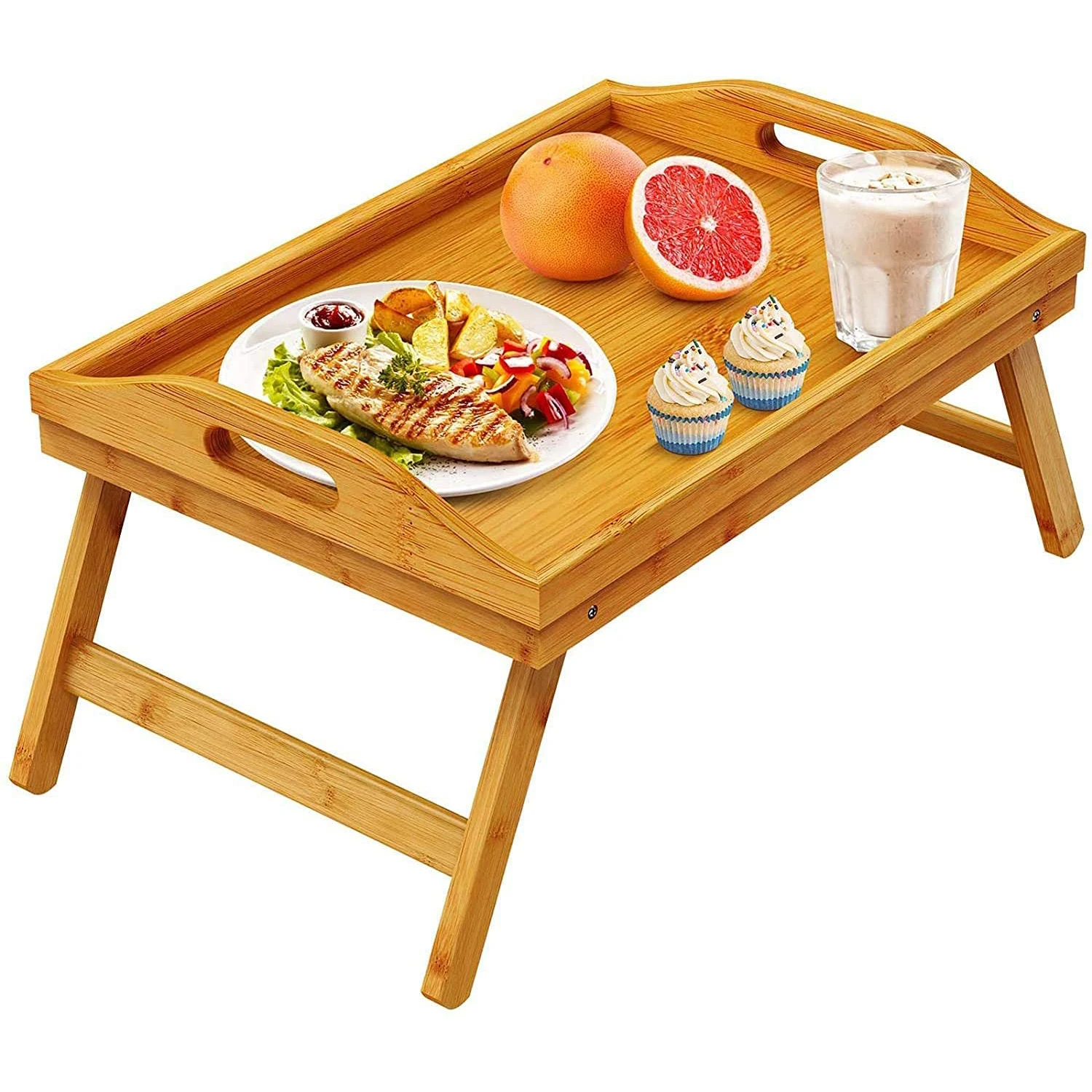 Bamboo Bed Tray Table Breakfast Serving Tray and Foldable Legs Laptop Desk Snack Tray