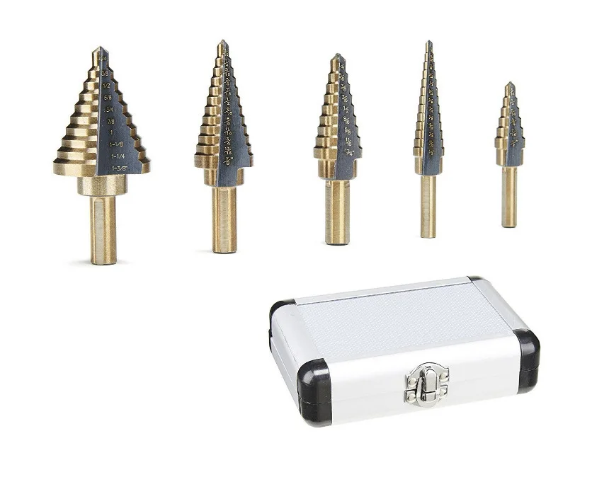 Titanium plated 6pc imperial pagoda drill step drill high speed steel drill bit reamer set