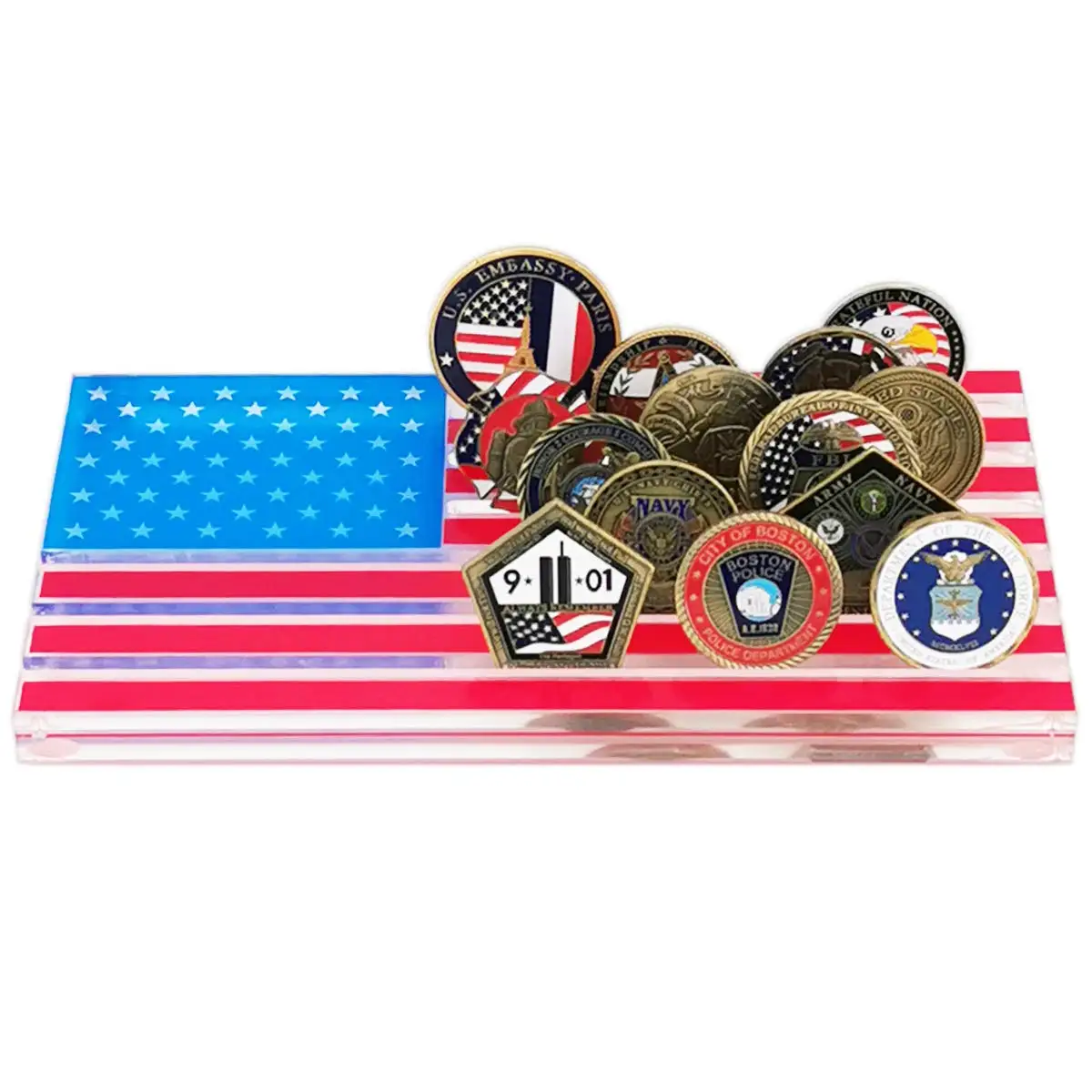 Acrylic Challenge Coin Display Case Military Police Collectible Medals Stand American Flag Coin Holder