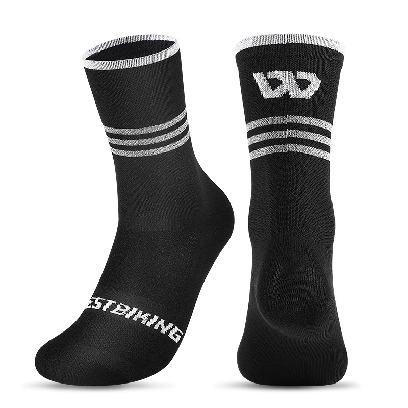 wholesale plain dri microfiber nylon lycra fit reflective long cycling compression crew sports socks personalized branded design