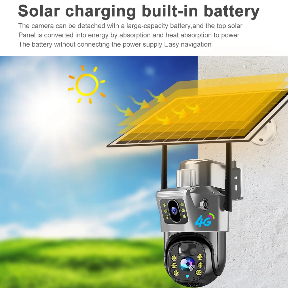 V380 4mp 4G Solar Dual Lens Ptz Camera Cctv Security 4G Outdoor Solar PTZ Camera 4G Dual Lens Solar Security Camera