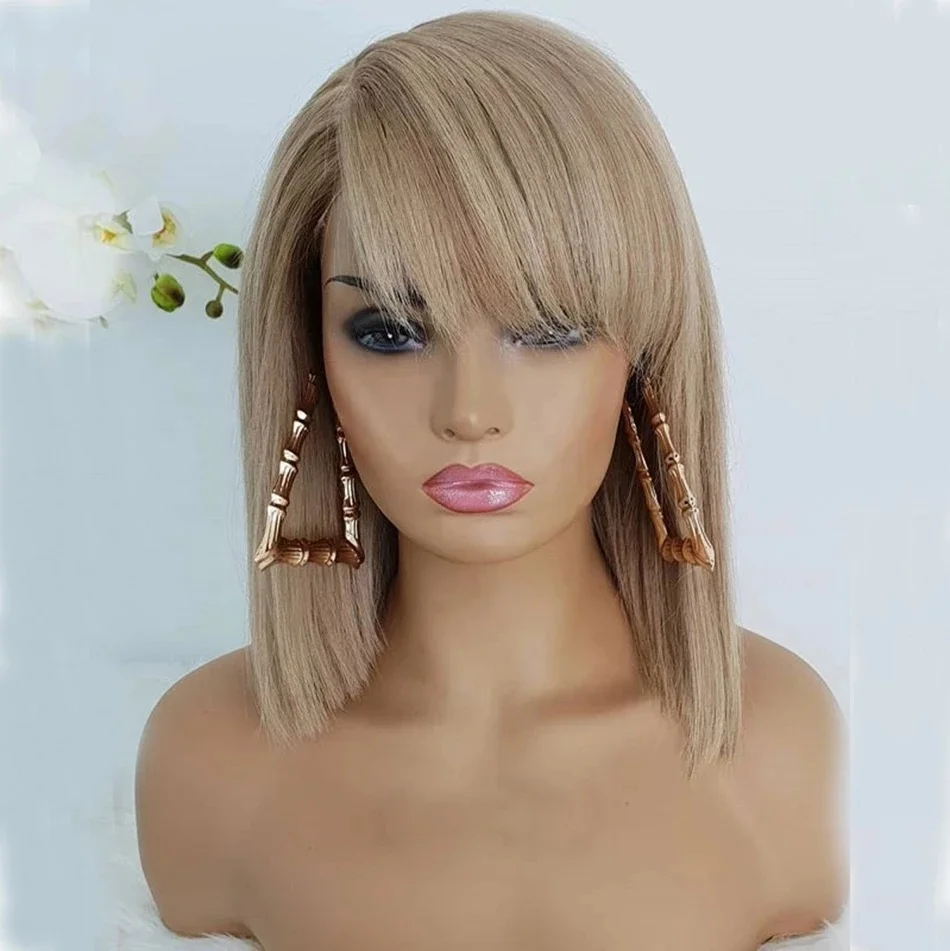 Blonde Silky Straight Transparent Lace Bob Human Hair Wigs 150Density PrePlucked 13x4 Lace Front Wig with Side Bangs Glueless