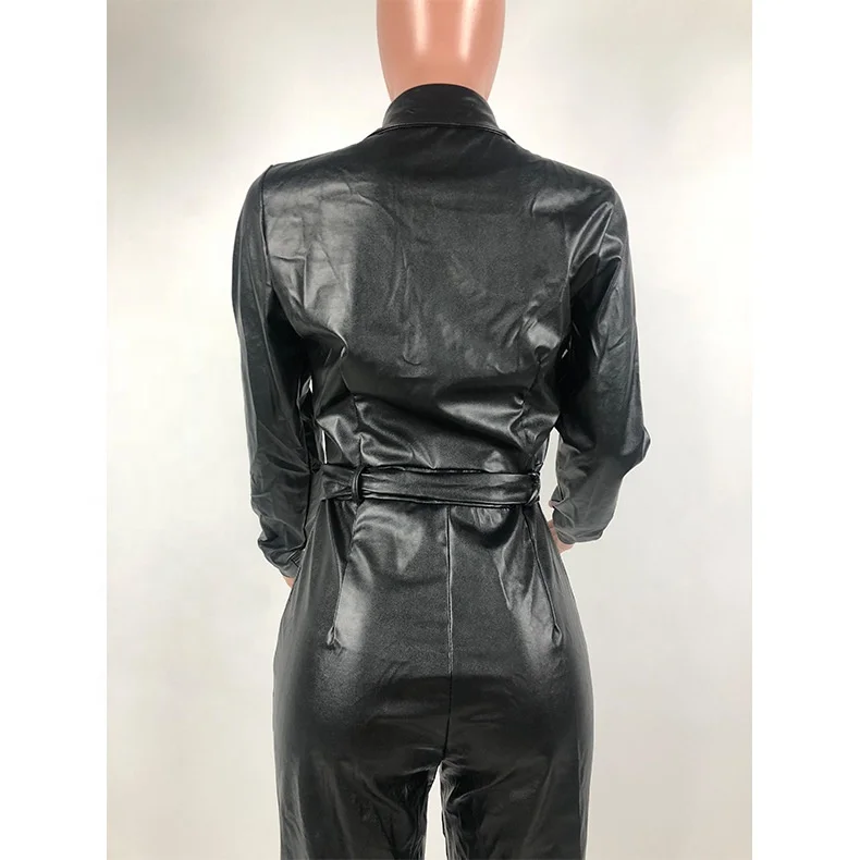 2022 China wholesale black leather jumpsuit PU leather jumpsuit