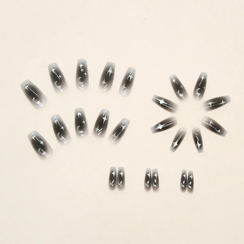 Press On Nail Design Silver Moon Star Medium Length Waterproof Finished Fake Nail