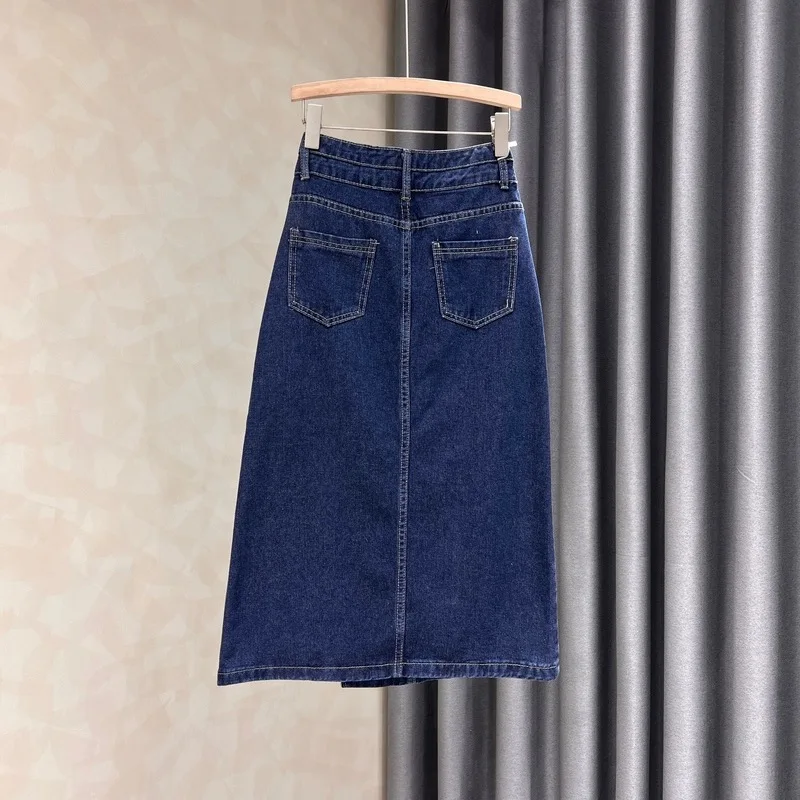 New Design Deep Blue A-Side Hip Wrap Denim Skirt Women Retro Vintage Style Elegant High Waist Slim Long Jean Skirt Summer Spring
