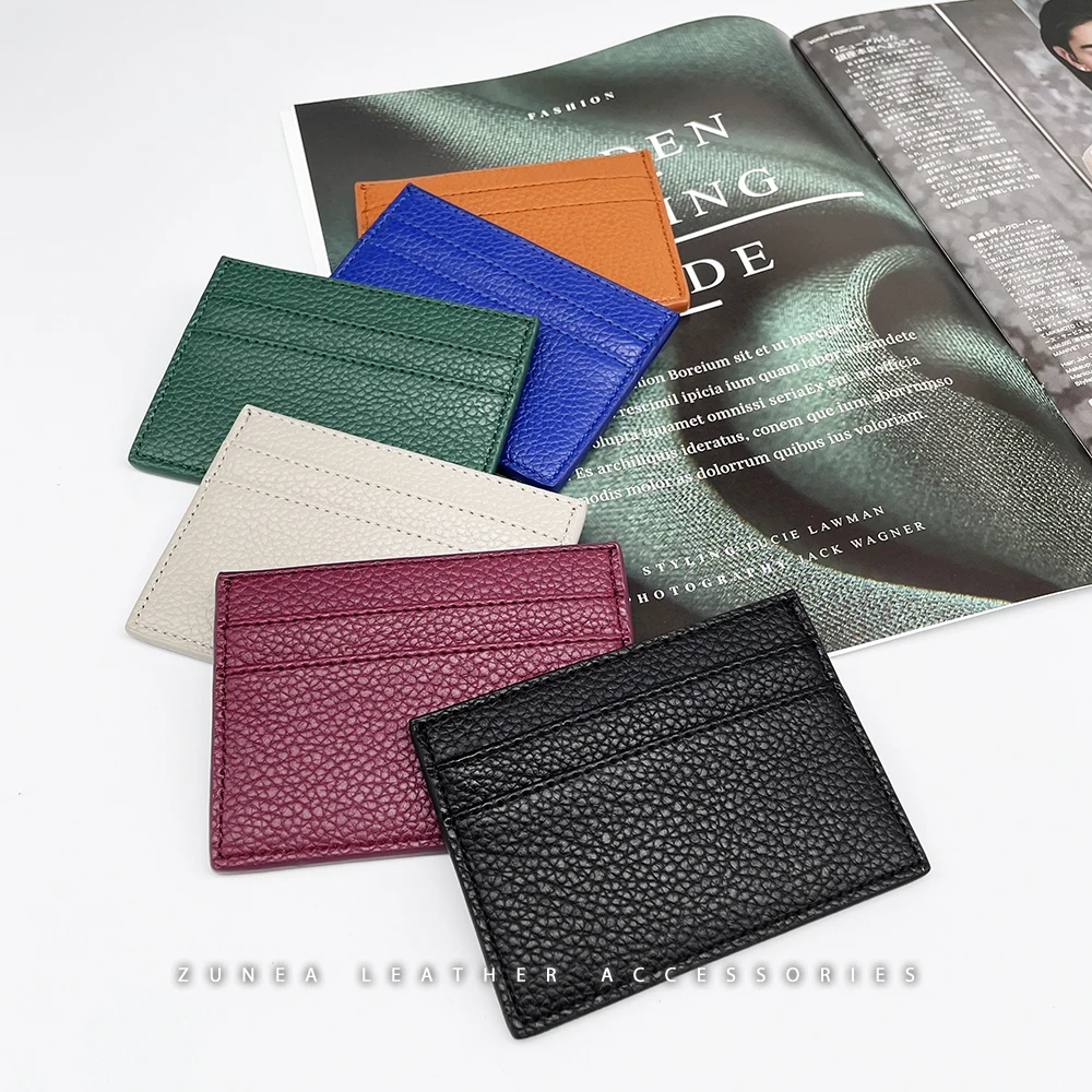 Custom slim premium credit card holder wallet litchi embossing porte carte Faux PU Leather Pebble Cardholder