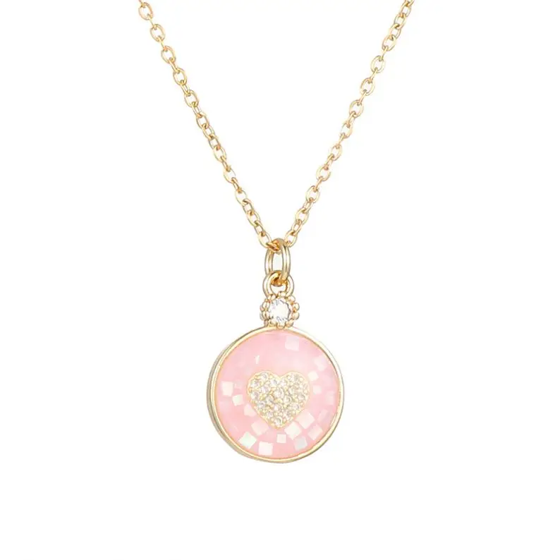 Gold Plated Round Shell Zircon Heart Pendant Necklace Colorful Rhinestone Heart Charms Necklace For Girls jewelry necklaces
