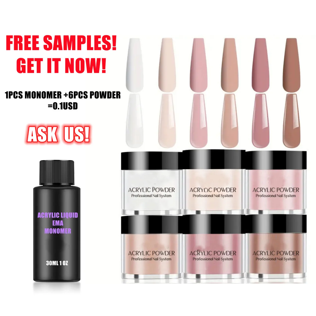Free Samples Nude Clear Natural Acrylic Powder 6PCS New Acrylic Powder&Liquid Kit 2 in 1 EMA Monomer 30ML Dip Acrylic Liquid Set