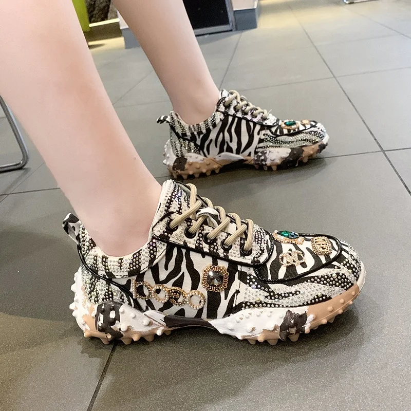 New Fashion Chunky Sole Women Casual Walking Style Shoes Other Trendy Low Top Rhinestone Lady Vegan Sneakers.