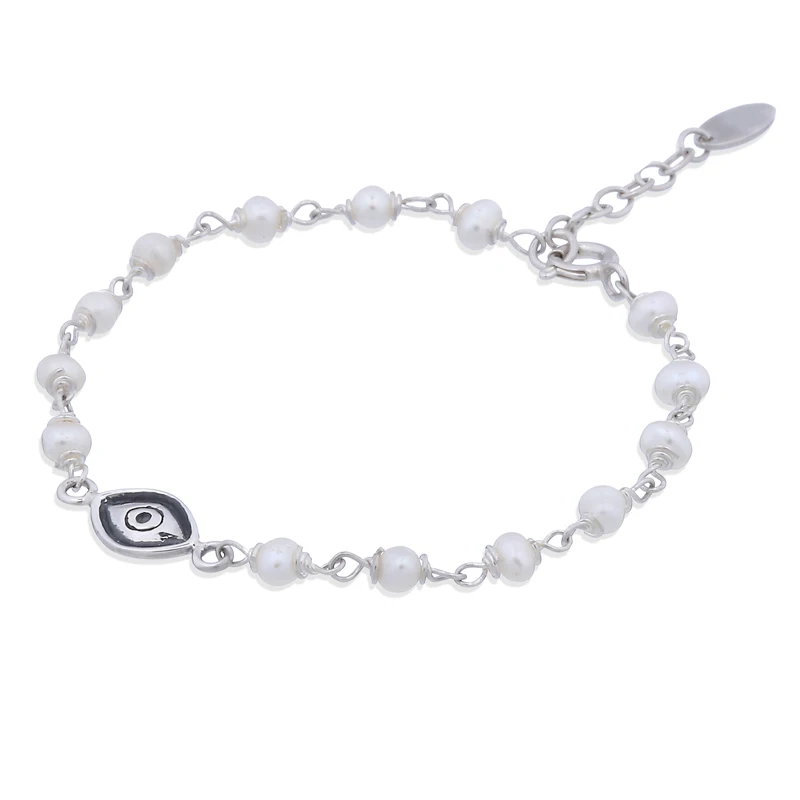 925 Silver Evil Nazar Eye Bracelet with Freshwater Pearls