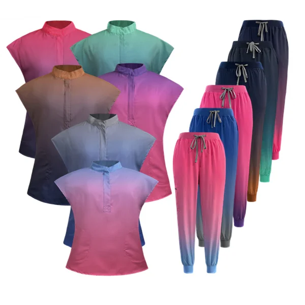New design unisex summer breathable custom logo hospital nurse doctor scrubs suit spa beauty salon Gradient color scrubs uniform