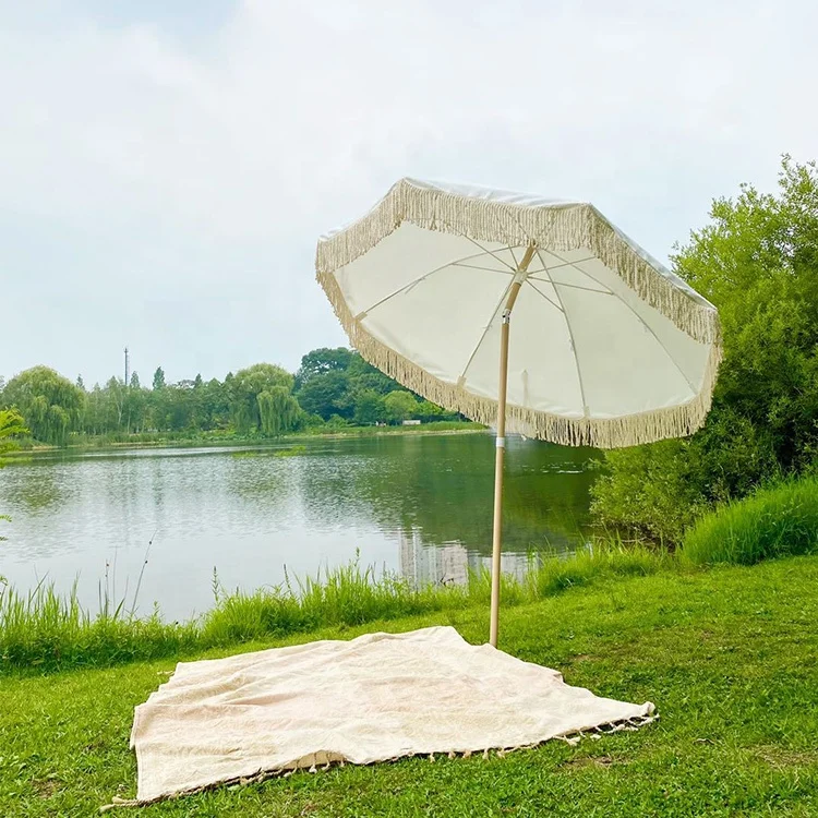 
Custom fruit logo printing fashion garden boho tassel outdoor big sun umbrella beach 