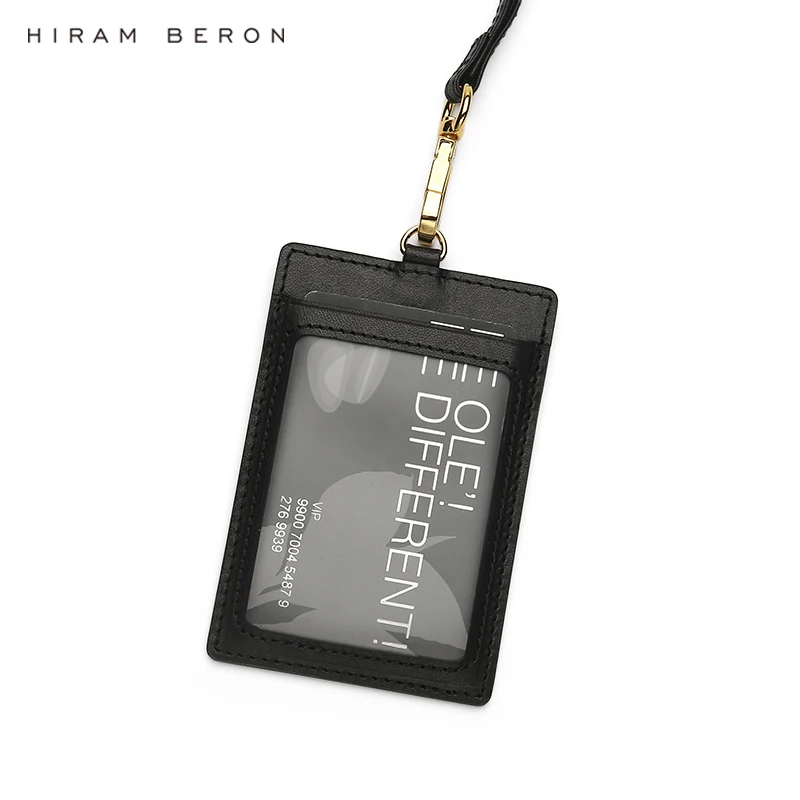 Hiram Beron Italian cow leather ID Card Holder Badge black staff neck card