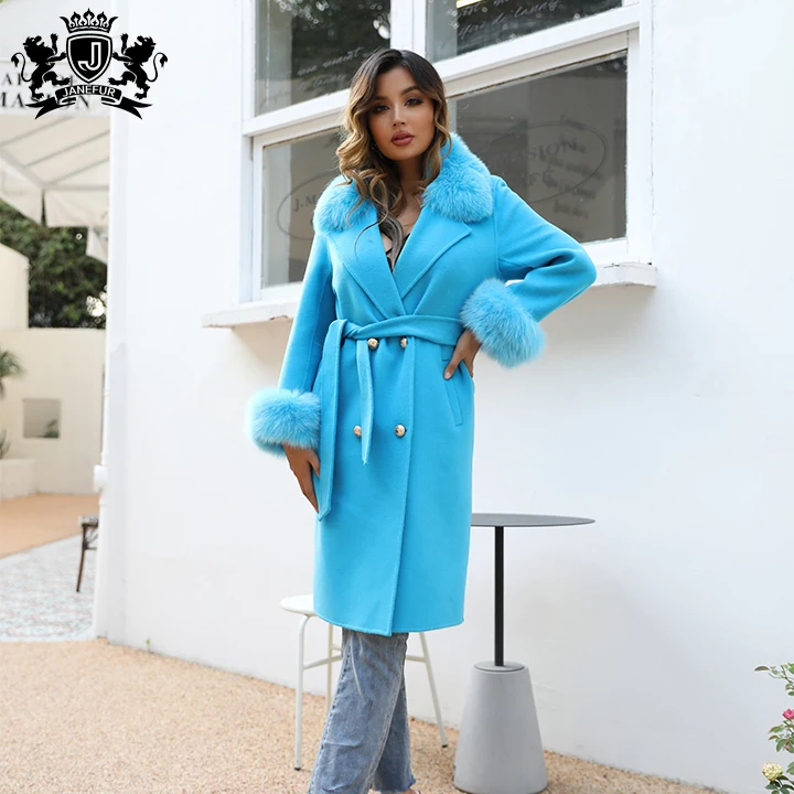 New Design Loose Size Cashmere Coat Luxury Fox Fur Collar Winter Belt Oversize Double Faced Wool Coats Women