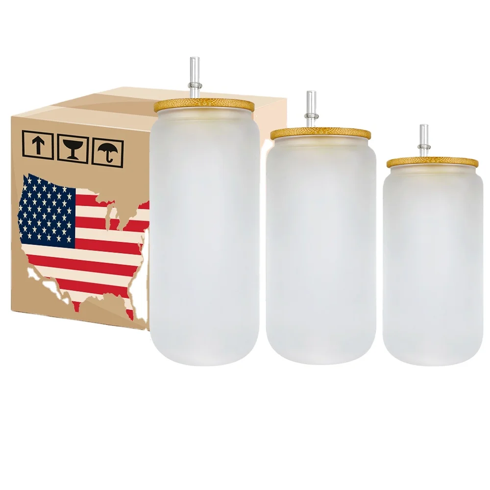 US Warehouse RTS Clear Transparent Glass Can Tumbler 12oz 16oz 20oz DIY blank beer Can Shaped Sublimation Glass Can With Lid