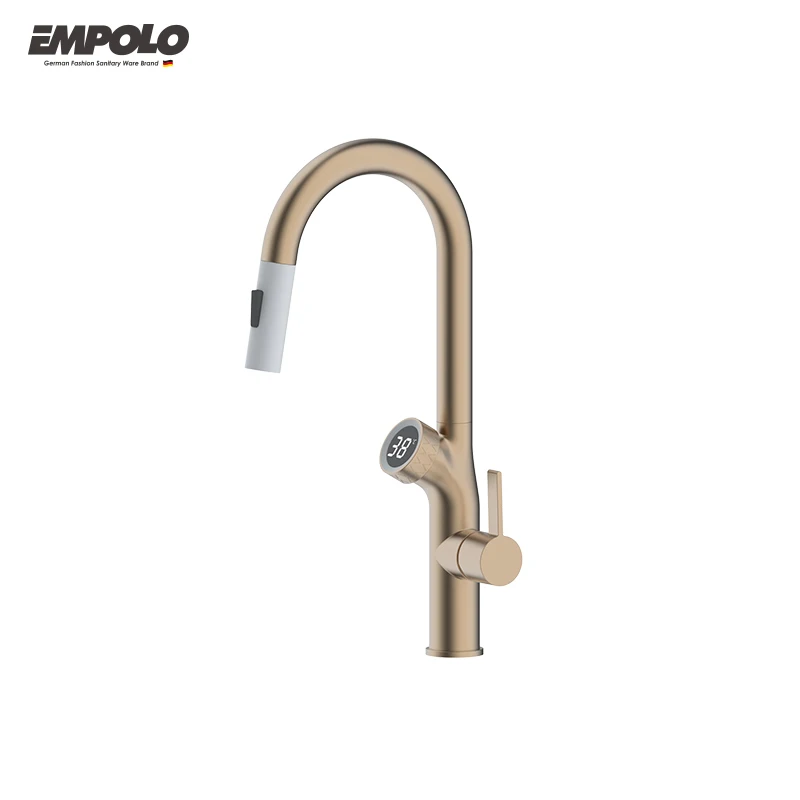 Empolo brass body kitchen faucet golden champagne water tap temperature display single-lever kitchen mixer blender set