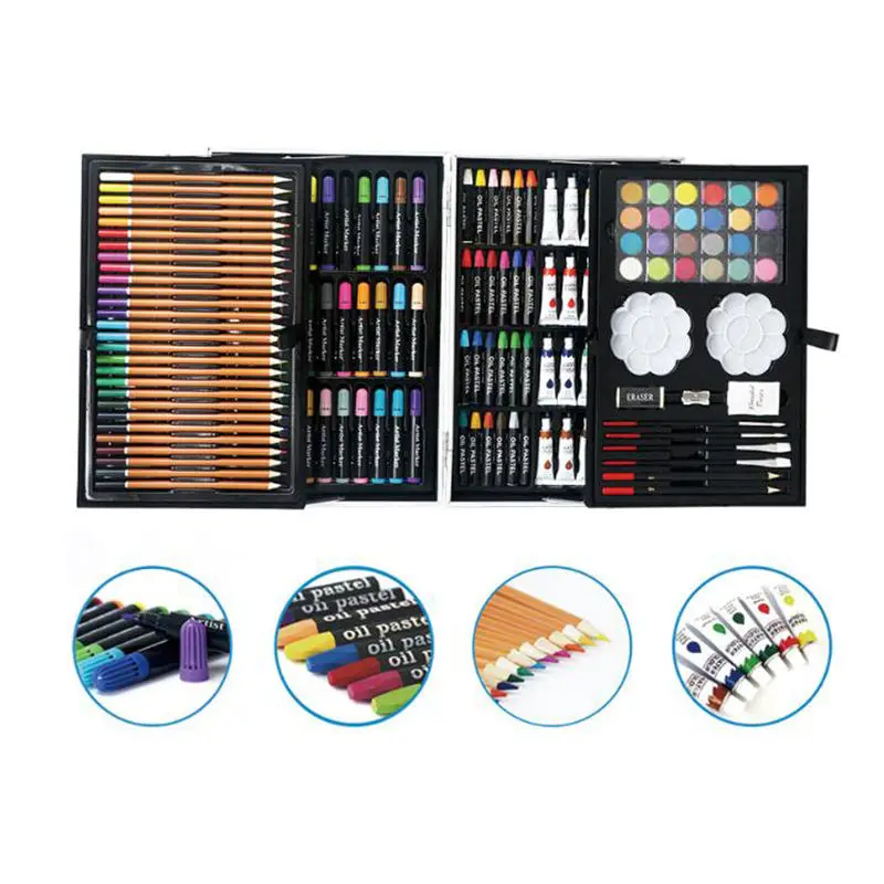 Bview Art 145-Pieces 2 Layers Oil Pastel Marker Watercolor Paint Colored Pencil Deluxe Children Art Set With Aluminum Box