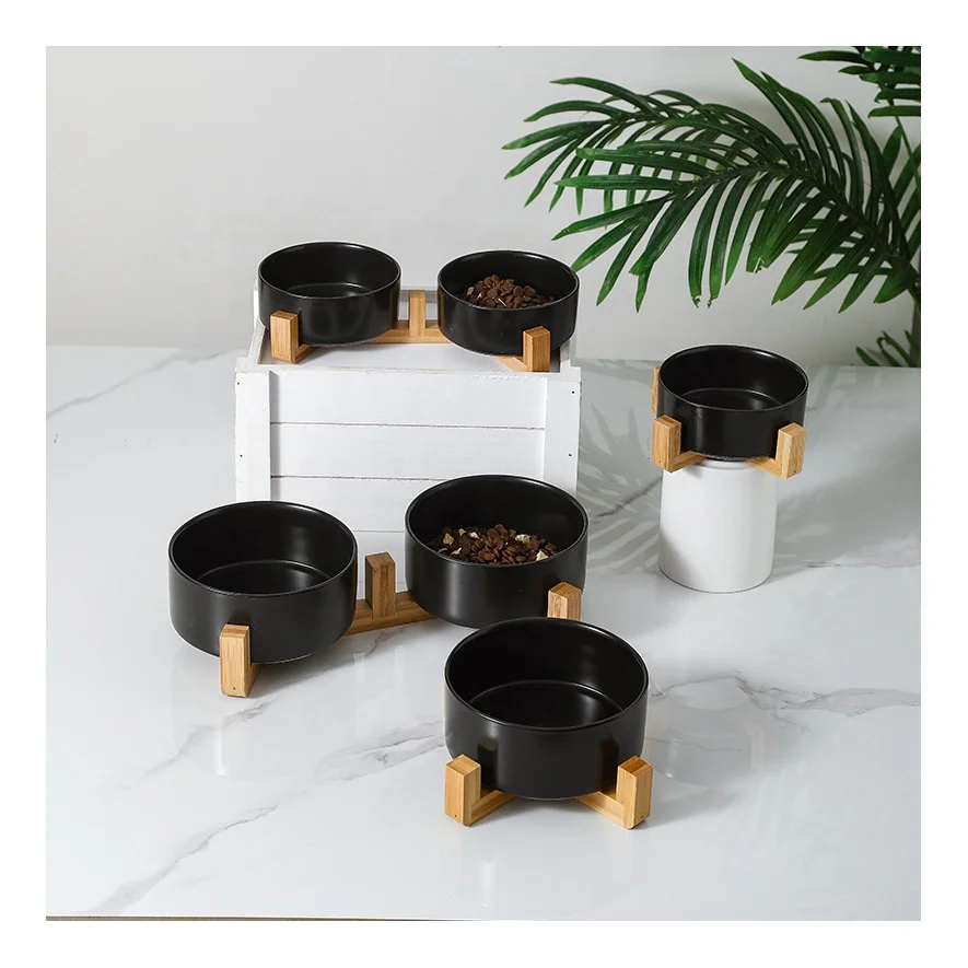 Manufacturer Wholesale Customized Porcelain Pet Bowl Raised Luxury Ceramic Pet Cat Dog Bowl with Stand Wooden Frame