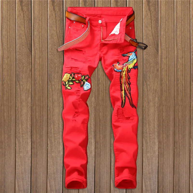 AIPA Original Stylish Skinny Pencil Pants Denim Jeans Slim Fit Red Ripped Trouser Men