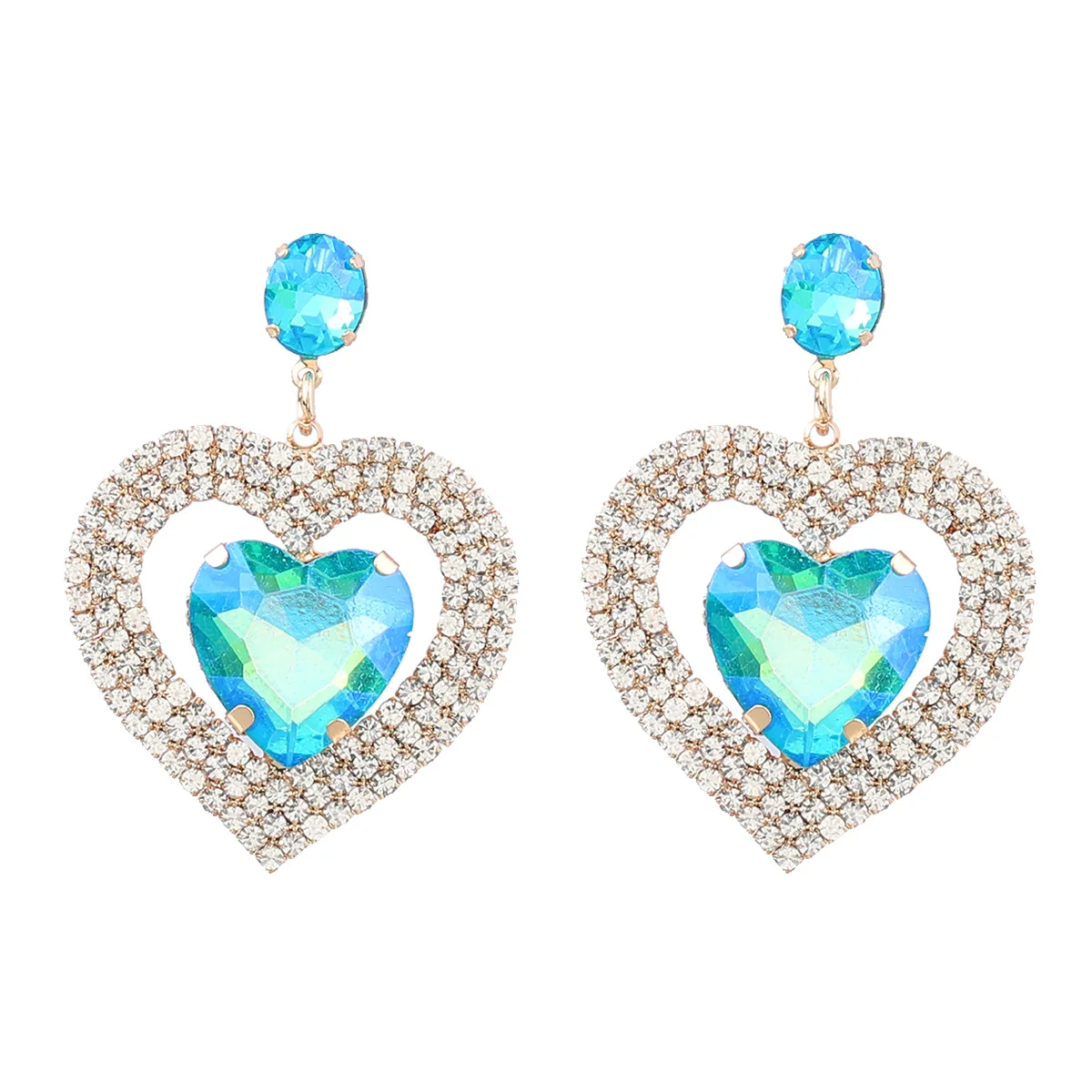 CJ 5 Colors Delicate 18K Gold Plated Double Layer Bling Colorful Crystal Rhinestone Heart Stud Earrings