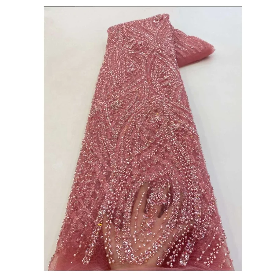 Nigerian Bridal Fabric Luxury Embroidery Beads Sequins Lace Pearls Beaded Lace Fabric For Women Wedding Dress