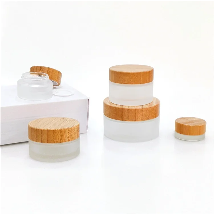 Luxury frosted glass jar with bamboo lid, 15g 30g 50g 100g 150g 200g bamboo wooden cosmetic jar for face cream