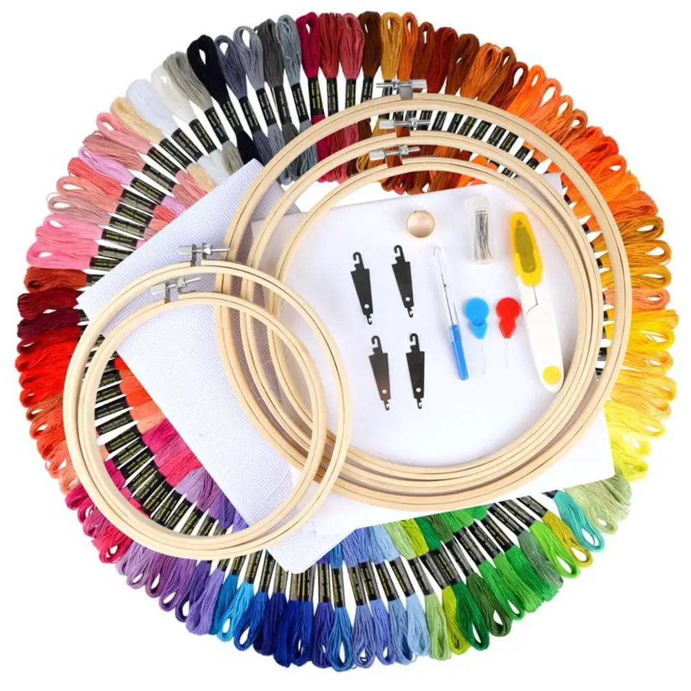 
Full Set of Embroidery Starter Kit Cross Stitch Tool Kit Including 5 Embroidery Bamboo Hoop, 50 Color Threads knitting needles 