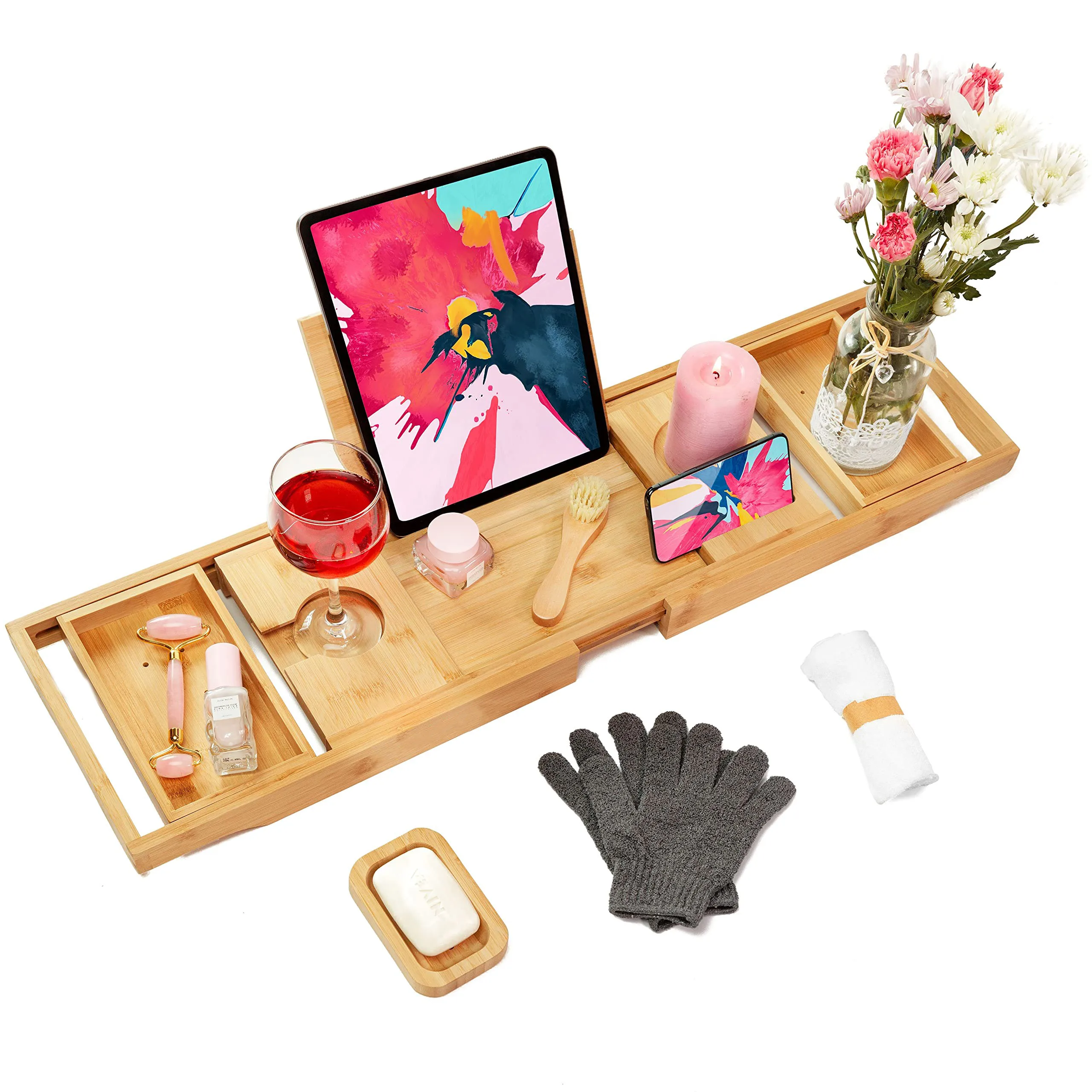 Роскошный выдвижной поднос для ванны, поднос из натурального бамбука, поднос-органайзер для кровати в ванной, бамбуковый поднос для ванны