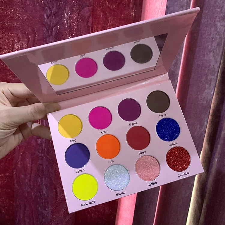 
12 color pink holographic bright private label cruelty free strong?pigment eyeshadow palette with mirror 
