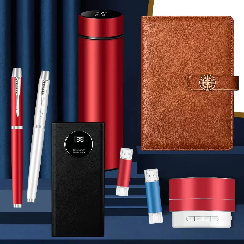 high class classical business book gift set with customized logo on USB cup speaker pen battery charger umbrella gift box