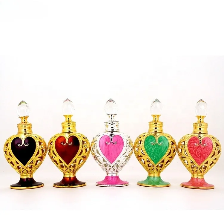 10ml Luxury Arabian Perfume Bottle Metal Glass Heart Shape Essential Oil Bottle with Box