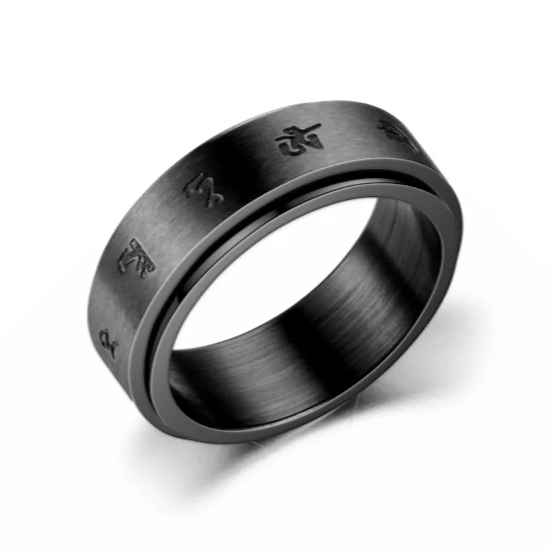 fashion hot sell stainless steel simple Rotatable black Six Words Mantra softball championship rings
