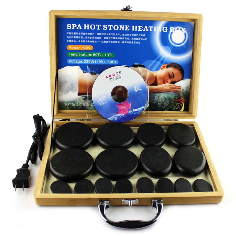 Chinese Wholesale 16 PCS Massage Hot Natural Spa Stone Professional Therapy Wooden Box With Black Heated Custom Body Palm Stones