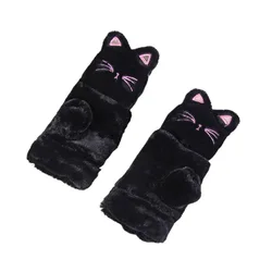 JSFUR  Women Girls Soft Faux Fur Convertible Flip Top Gloves Cute Cat Fingerless Winter Mittens