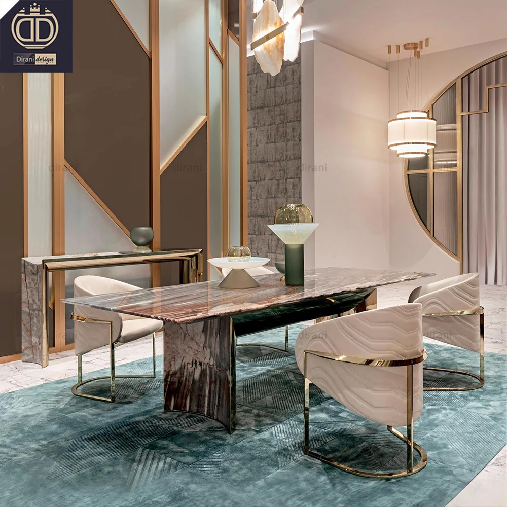 luxury Italian design modern gloss white dining table set gold marble white dining table