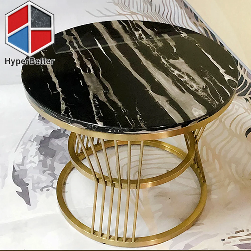 Fashionable black white round marble coffee table top golden stainless steel tulip base
