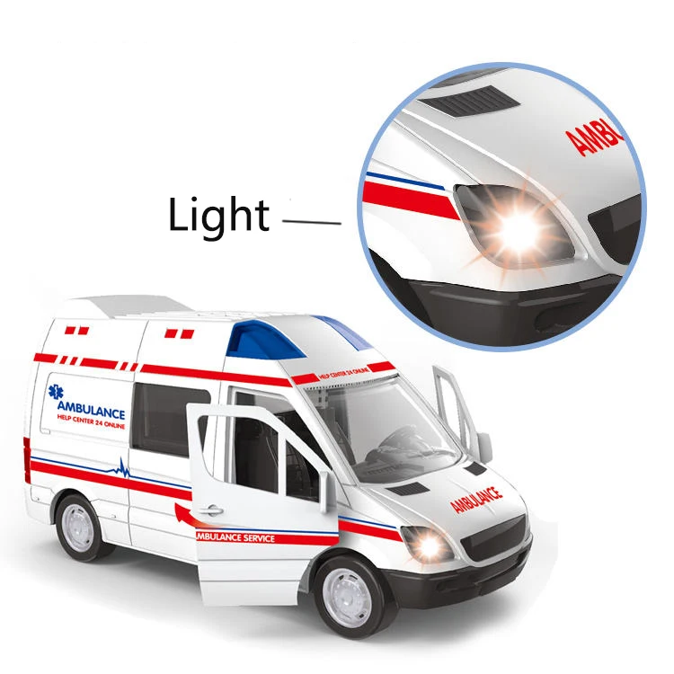 Open Door Alloy Pull Back Ambulance Diecast Car with Sound Light Toy Vehicles