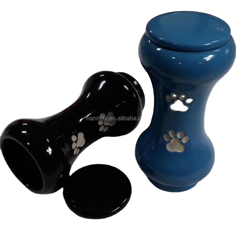 Best selling ceramics bone shape pet urns casket with hand paint paw mark for pets ashes with cover