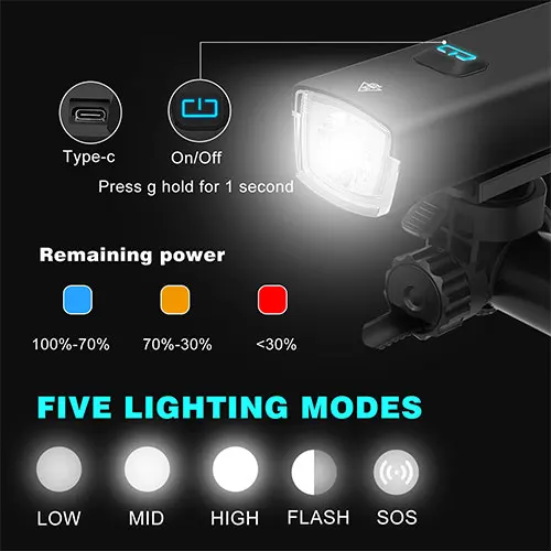 Aluminum bicycle headlight  1000Lumens Super bright LED 3000mAh Battery  usb  Bike  Light
