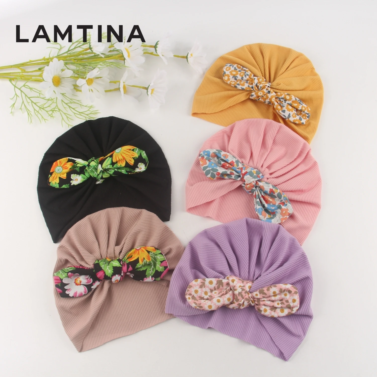 2024 Winter Autumn Hat Multi-color Flower Print Cap Baby Turban Hat With Knotbow