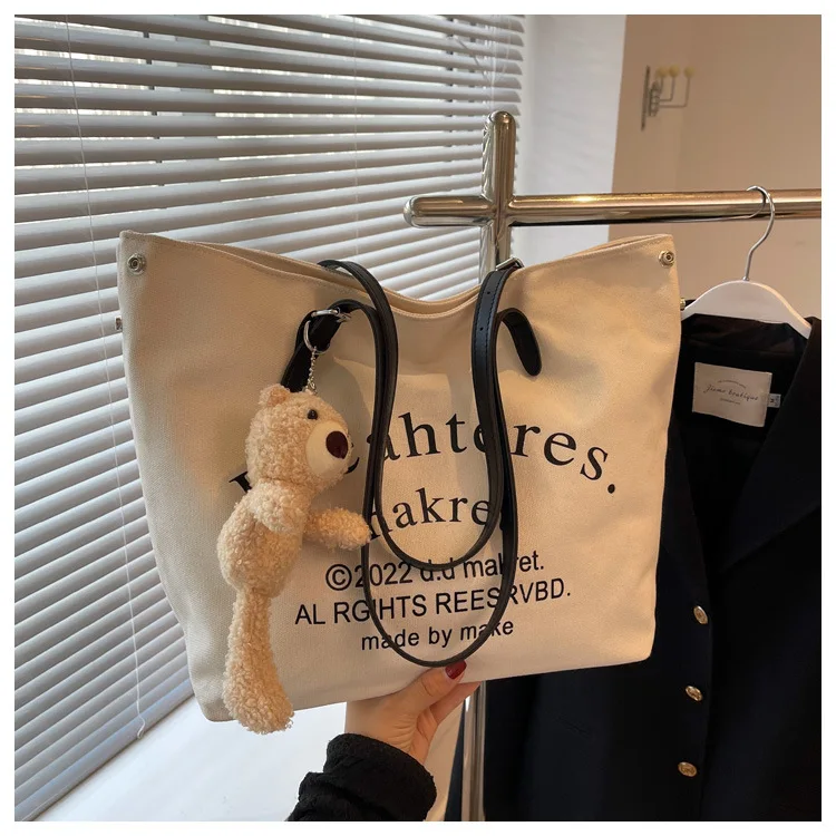 Wholesale Large Canvas Bags DIY Bear Ornament Women 2023 New Fashion Shopping Handbags Ladies Shoulder Leather Handle Tote Bags