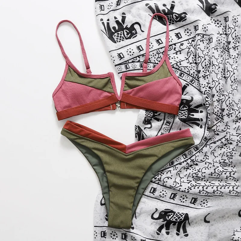 Ribbed Sexy Women Bikini Swimsuit 2 Piece Set Patchwork Beachwear Bathing Suit Girls Multicolour Thong Swimwear