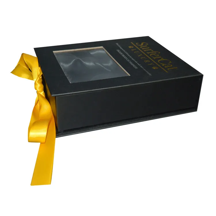 Pink Gold Hot Stamping Logo Rigid Paper Box with Clear PVC Window Ribbon Closure for Hair Extension Packing