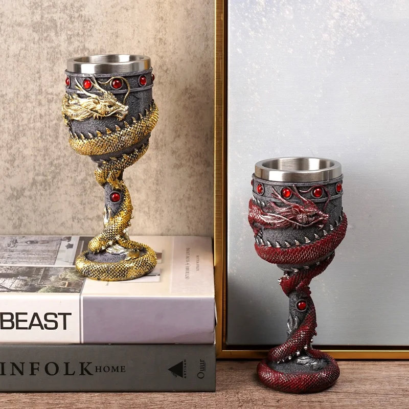 Creative personality three-dimensional carving vintage Chinese dragon goblet wine glass home decoration shop ornaments