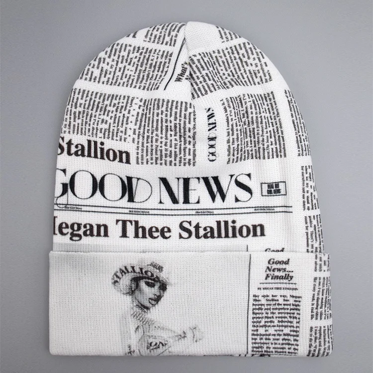 Unisex Street Style Fashion Designer Skull Cap Manufacturer all over print Knitted Letter Fold Up Custom Acrylic Beanie